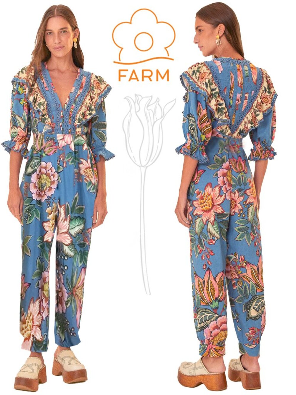 FARM RIO Blue Wonderful Bouquet Lenzing™ Ecovero™ Euroflax™ Jumpsuit